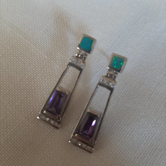 Modern Geometric Amethyst and Opal Earrings - Picture 1 of 3